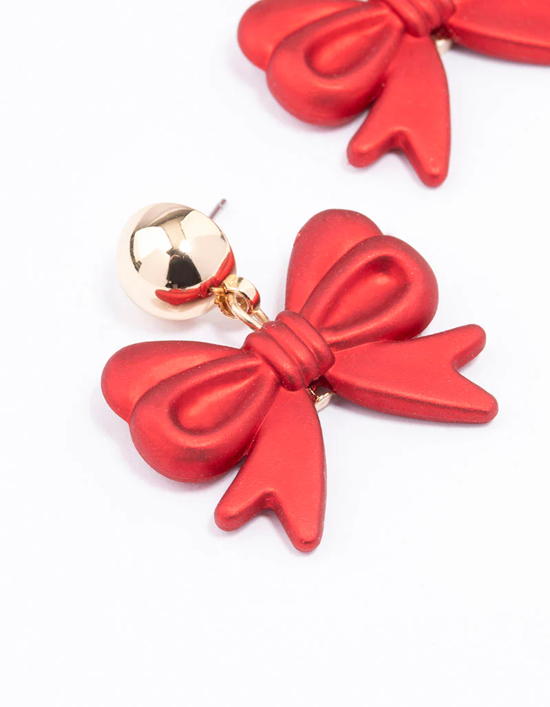 Gold Red Pearlised Bow Earrings - Image 2
