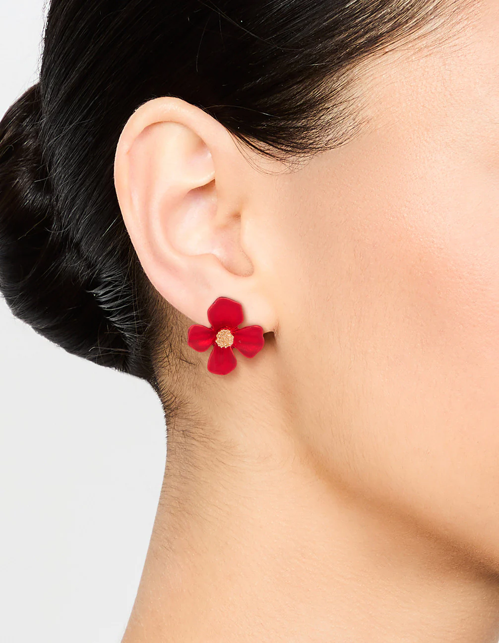 Gold Red Pearlised Flower Stud Earrings - Image 2