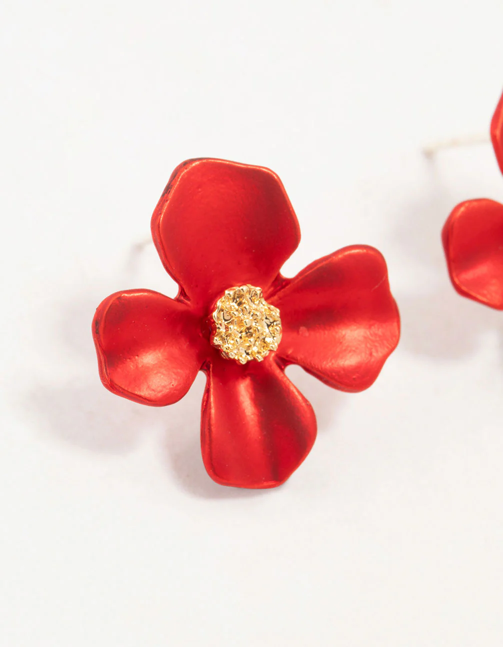 Gold Red Pearlised Flower Stud Earrings - Image 4