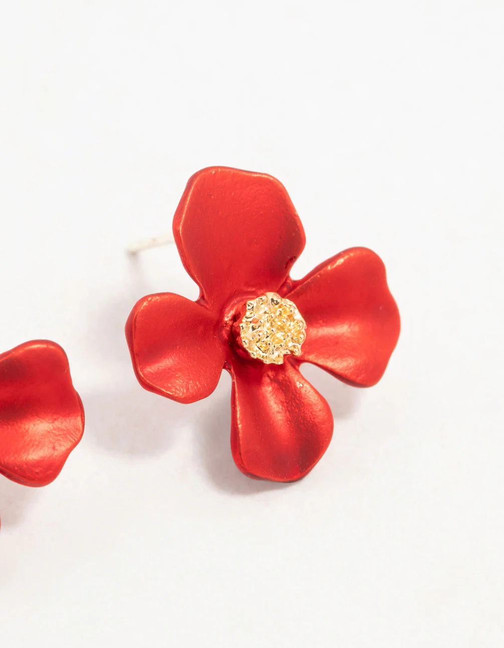 Gold Red Pearlised Flower Stud Earrings - Image 5