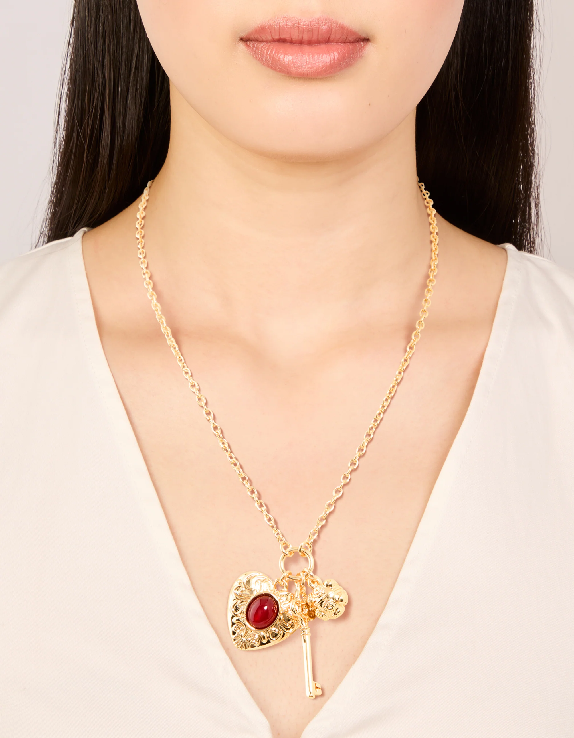 Gold Red Stone Centre Heart, Flower & Key Charm Necklace - Image 2