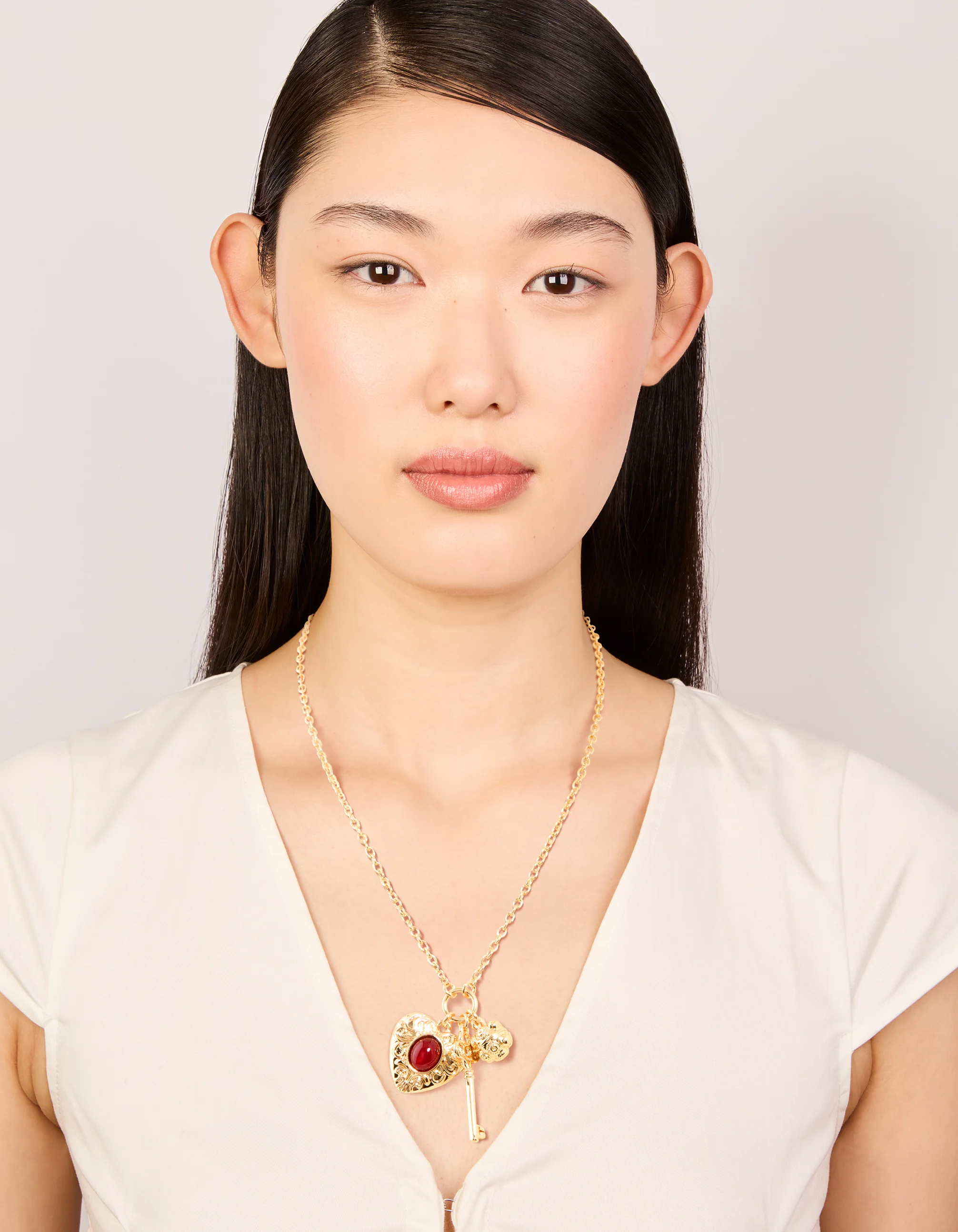 Gold Red Stone Centre Heart, Flower & Key Charm Necklace - Image 3