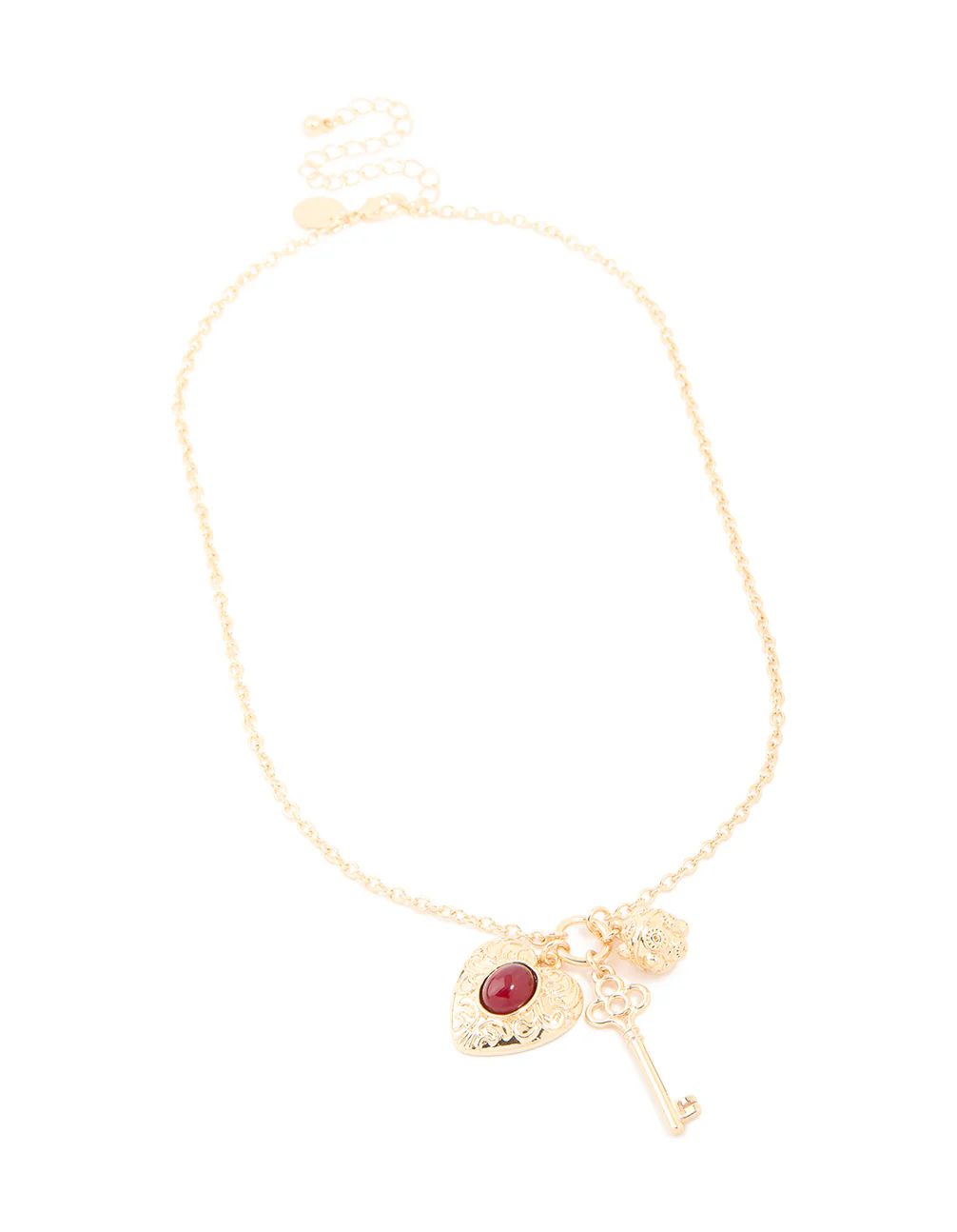Gold Red Stone Centre Heart, Flower & Key Charm Necklace - Image 4