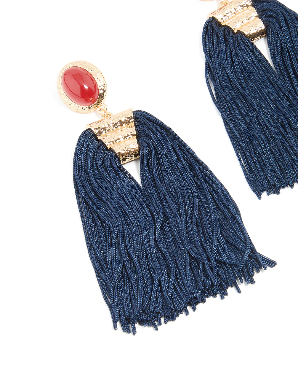 Gold Red Stone & Dark Blue Tassel Earrings - Image 2