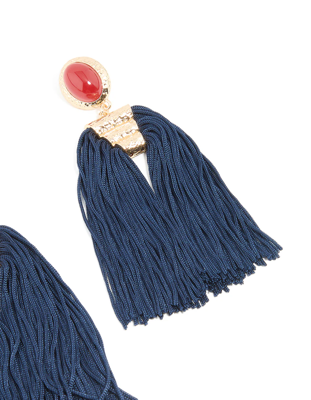 Gold Red Stone & Dark Blue Tassel Earrings - Image 3