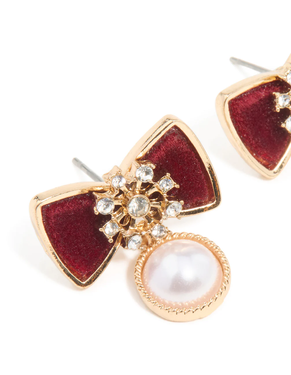 Gold Red Velvet Pearl & Snowflake Stud Earrings - Image 2