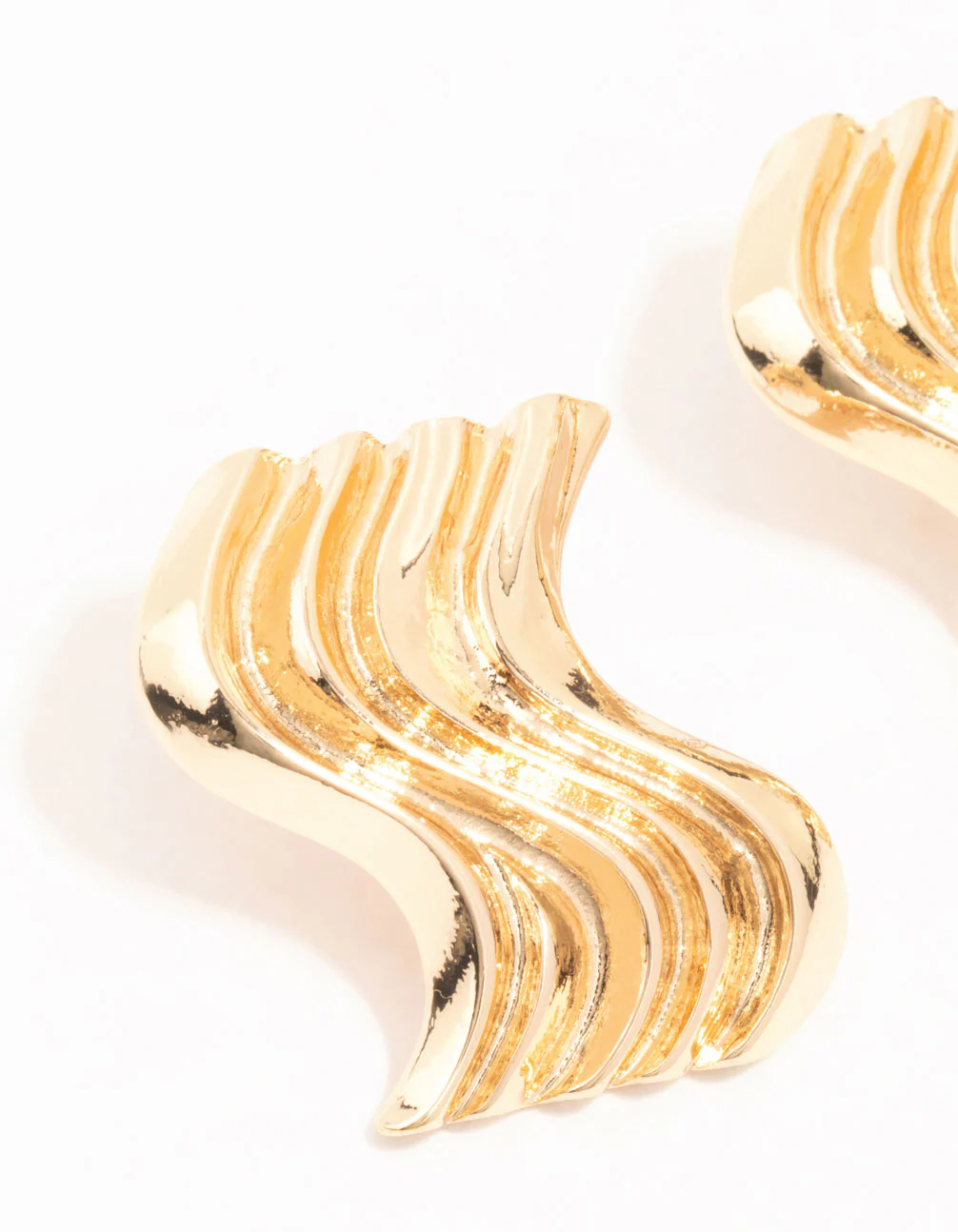 Gold Ribbed Wave Stud Earrings - Image 2