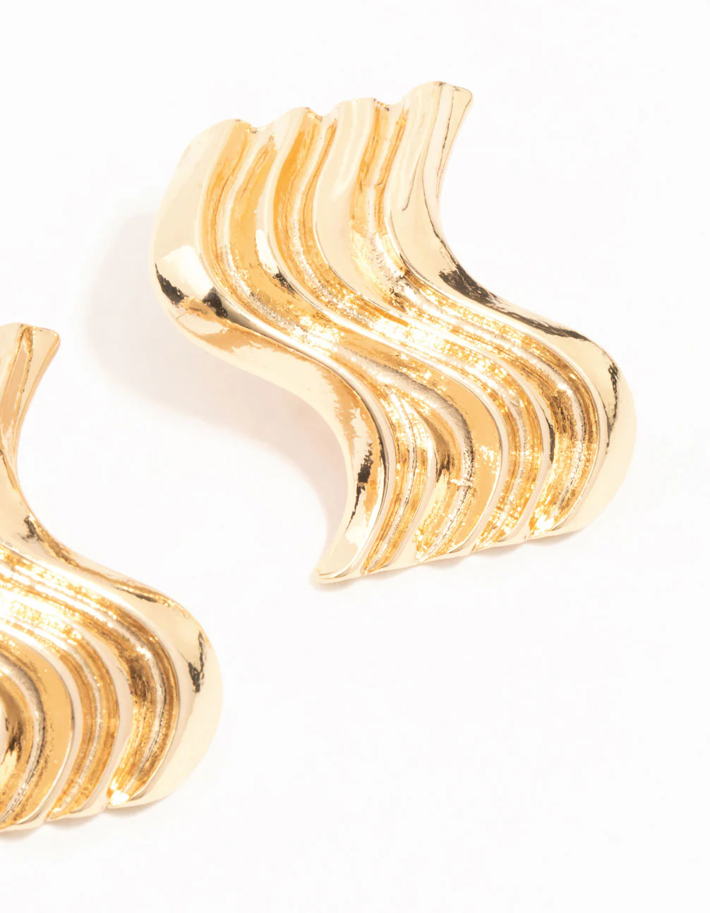 Gold Ribbed Wave Stud Earrings - Image 3