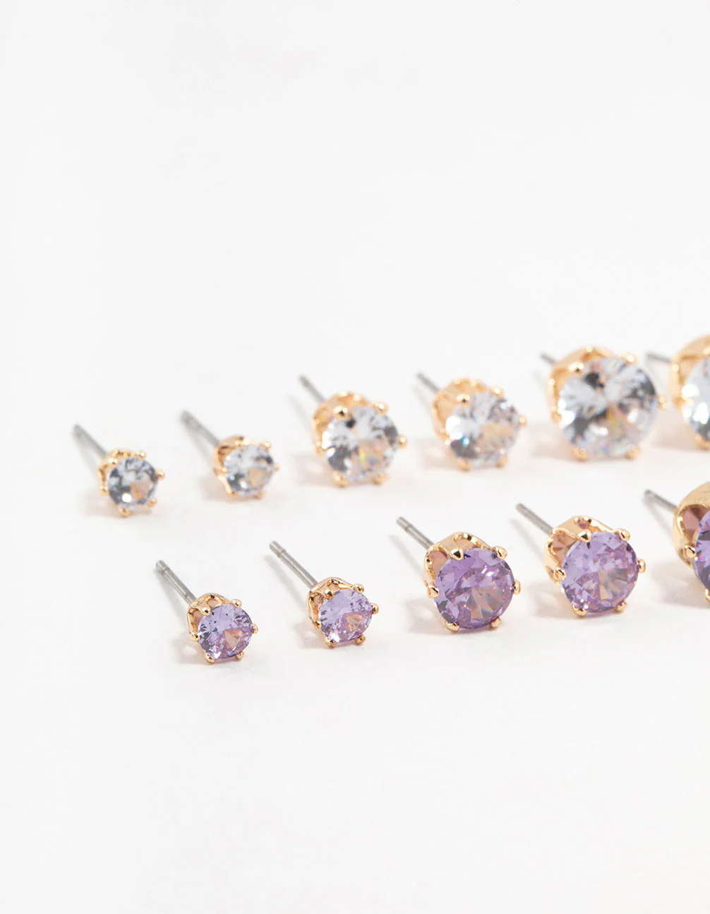Gold Round Silver & Purple Cubic Zirconia Stud Earrings 6-Pack - Image 2