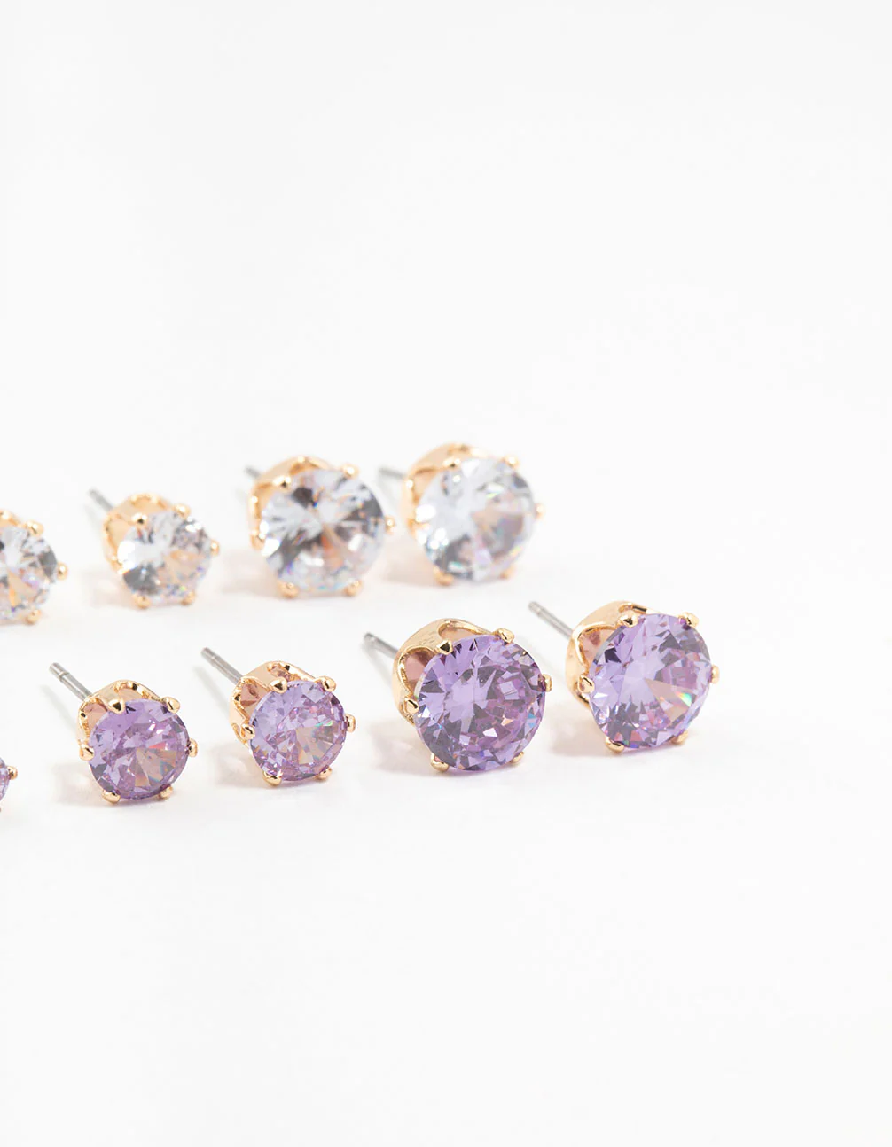 Gold Round Silver & Purple Cubic Zirconia Stud Earrings 6-Pack - Image 3