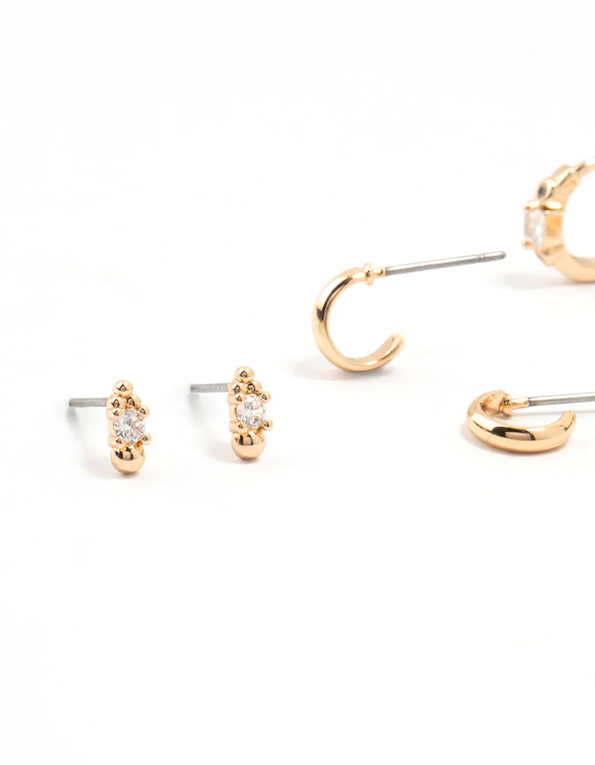Gold Round & Square Stone Earrings 3-Pack - Image 2