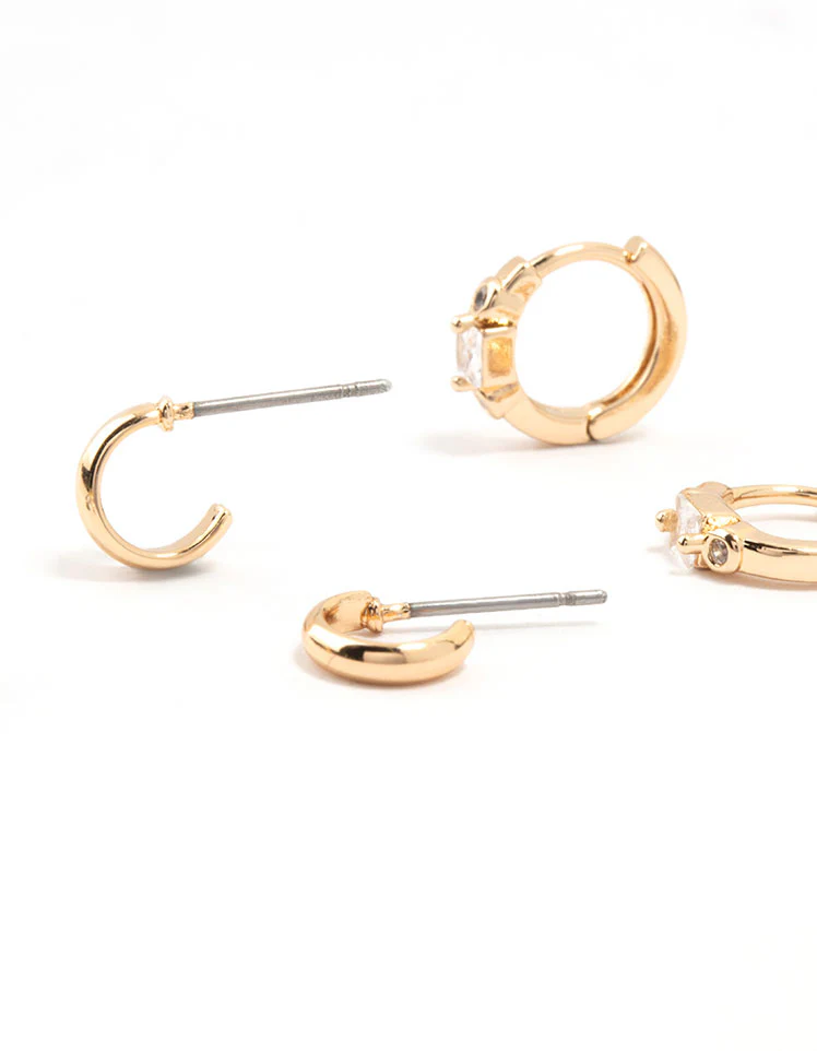 Gold Round & Square Stone Earrings 3-Pack - Image 3