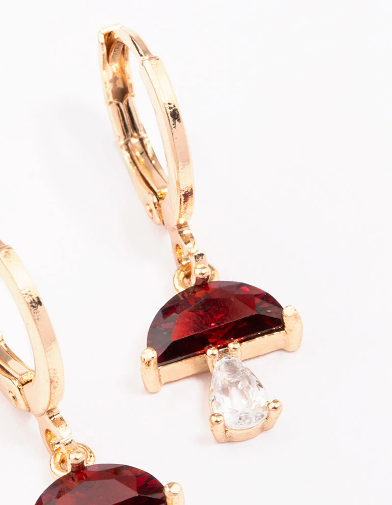 Gold Ruby Mushroom Drop Huggie Hoop Earrings - Image 3