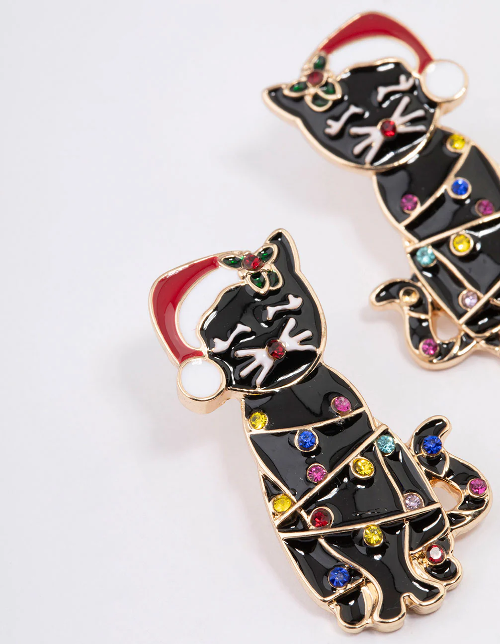 Gold Santa Hat Black Cat Earrings - Image 2