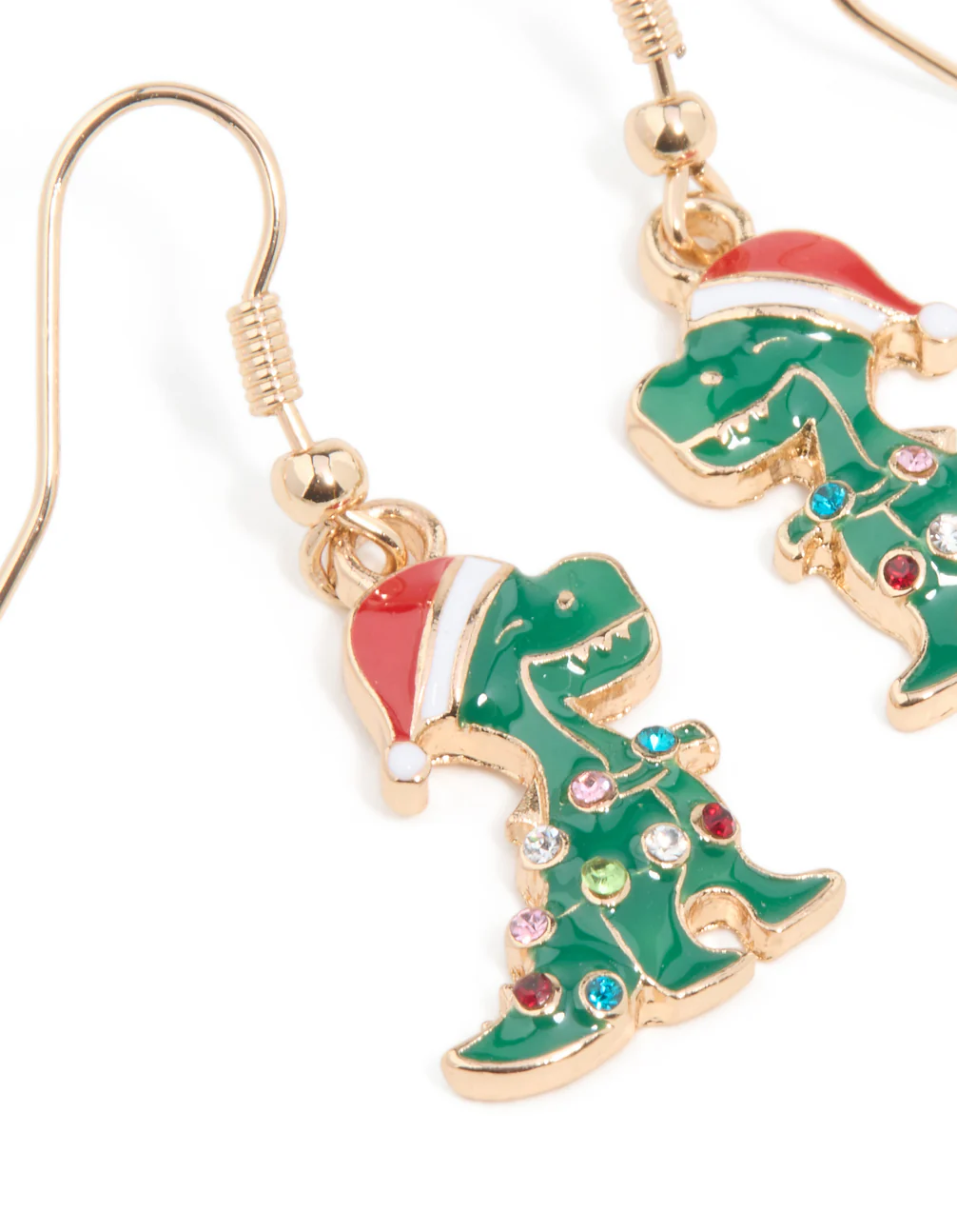 Gold Santa Hat Dinosaur With Diamante Lights Drop Earrings - Image 2