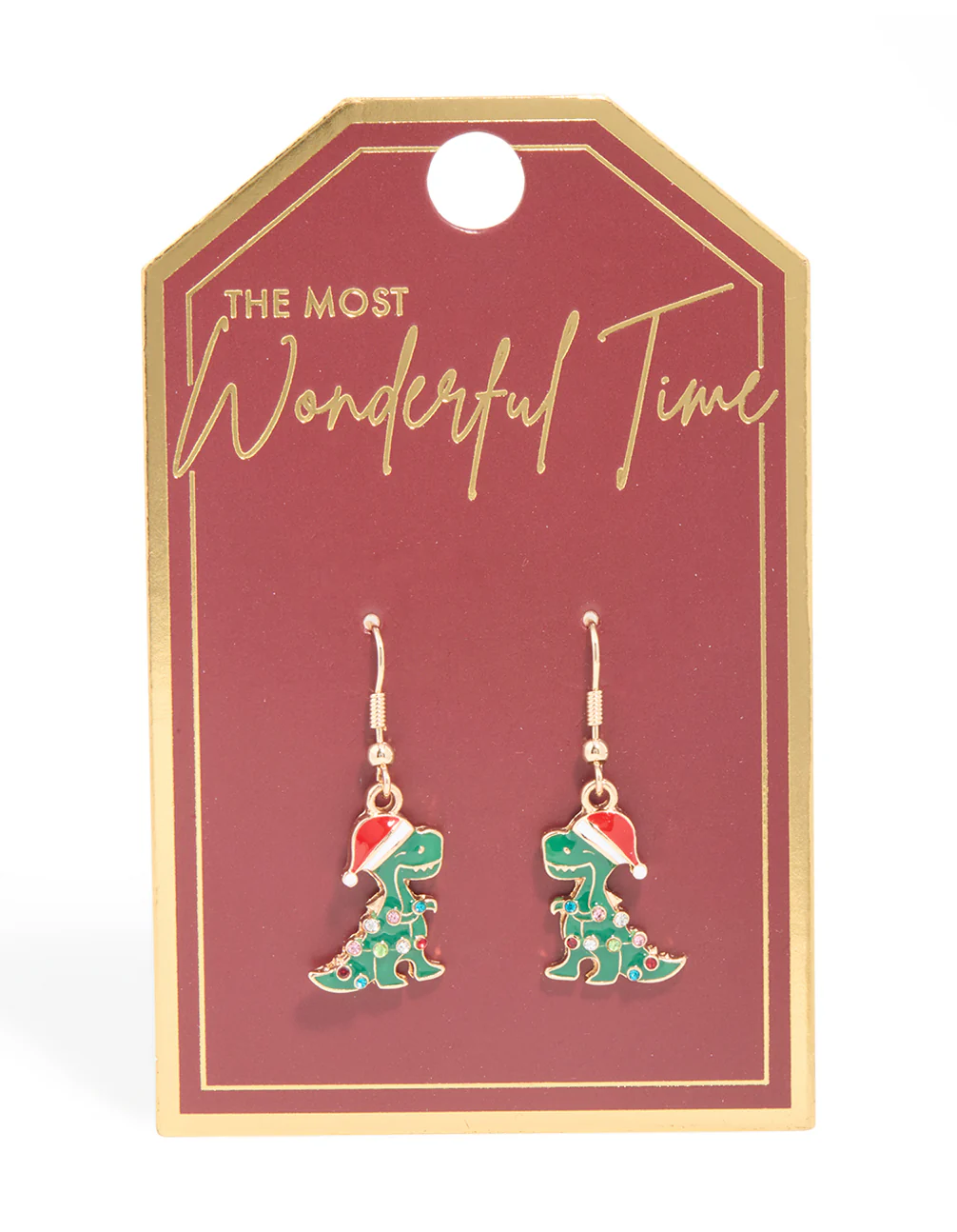 Gold Santa Hat Dinosaur With Diamante Lights Drop Earrings - Image 3