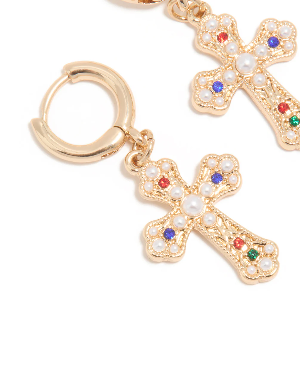 Gold Semi-Precious Stone & Pearl Baroque Cross Huggie Earrings - Image 4