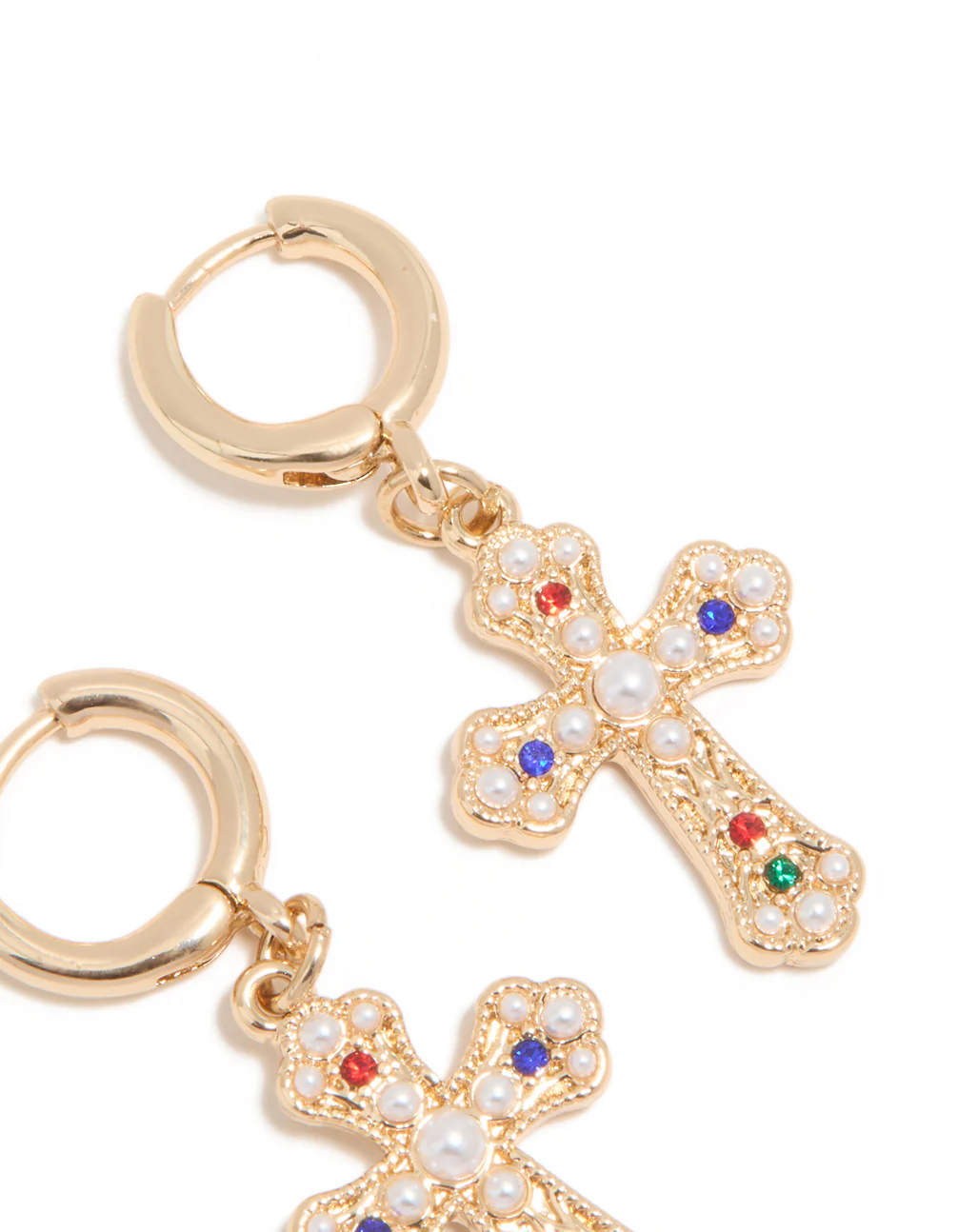 Gold Semi-Precious Stone & Pearl Baroque Cross Huggie Earrings - Image 5