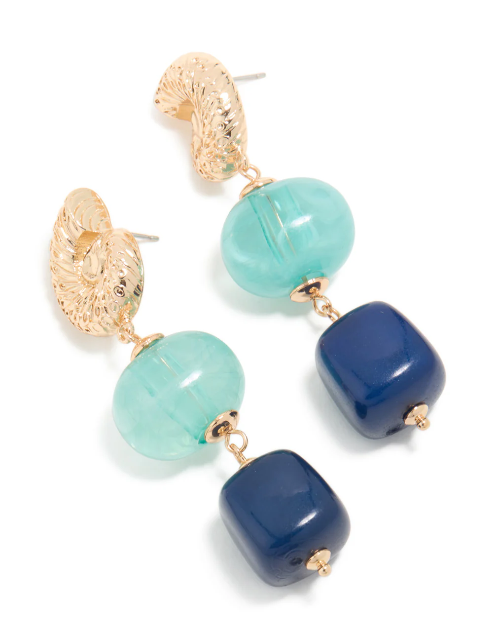 Gold Shell & Blue Beaded Drop Earrings - Image 2