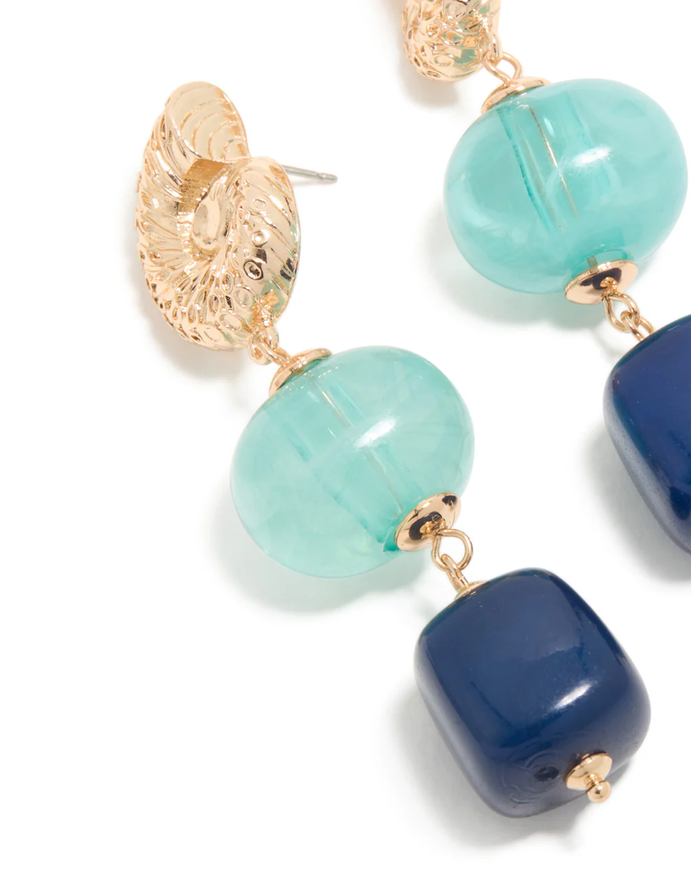Gold Shell & Blue Beaded Drop Earrings - Image 4