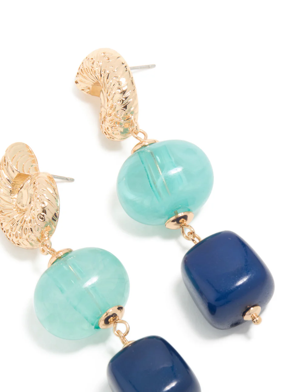 Gold Shell & Blue Beaded Drop Earrings - Image 5