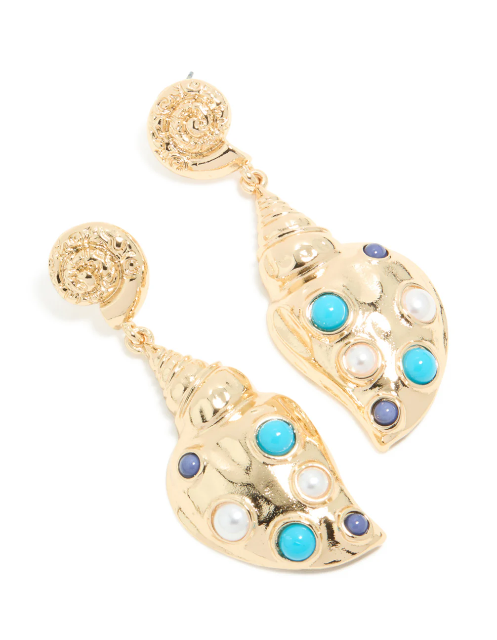 Gold Shell & Blue White Dotted Drop Earrings - Image 2