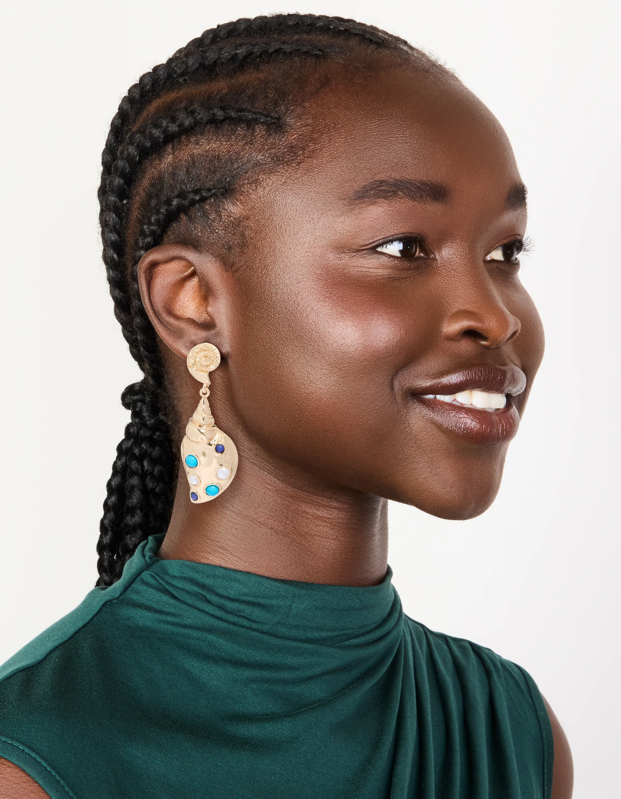 Gold Shell & Blue White Dotted Drop Earrings - Image 3