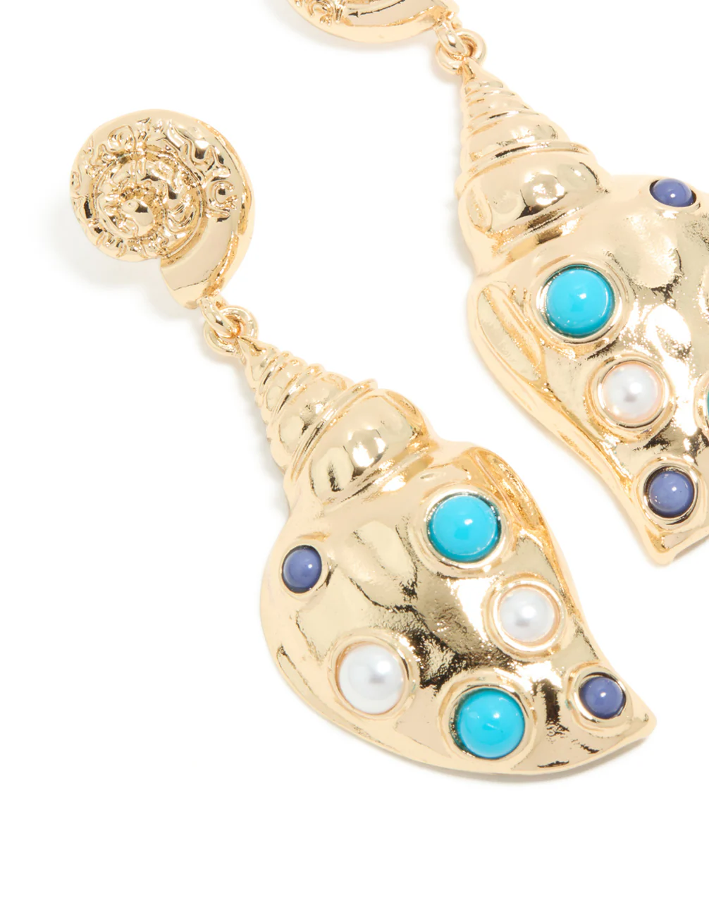 Gold Shell & Blue White Dotted Drop Earrings - Image 4