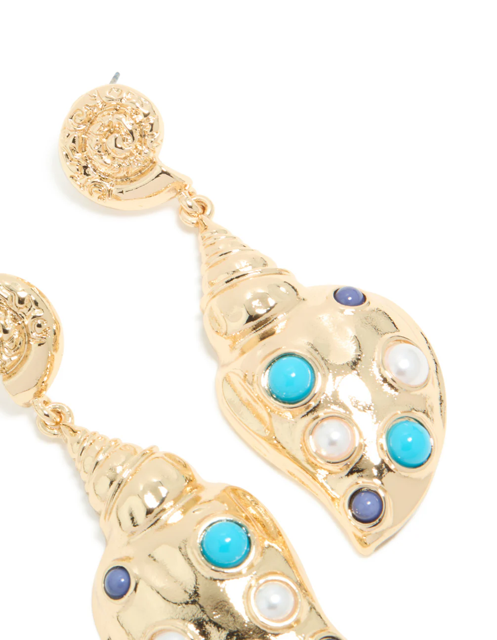 Gold Shell & Blue White Dotted Drop Earrings - Image 5