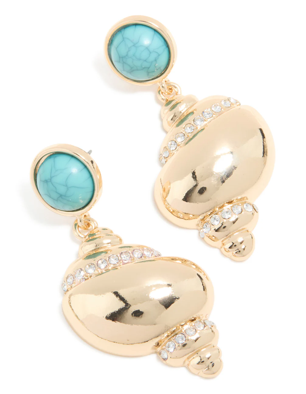 Gold Shell & Turquoise Stone Stud Drop Earrings - Image 2
