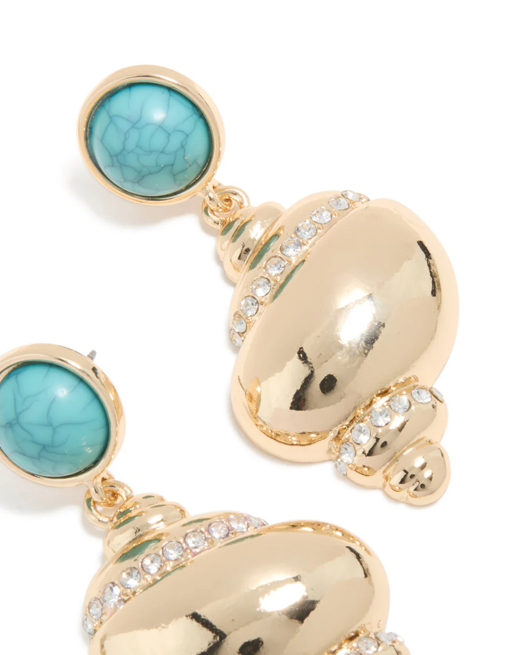Gold Shell & Turquoise Stone Stud Drop Earrings - Image 5