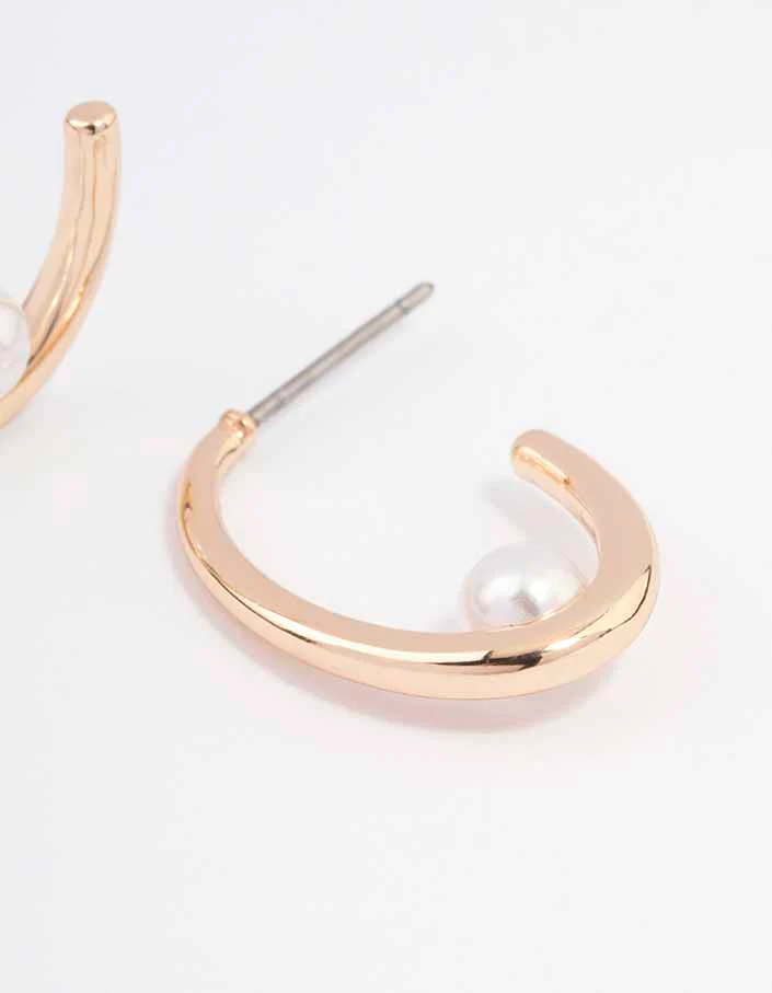 Gold Simple Pearl Hoop Earrings - Image 3