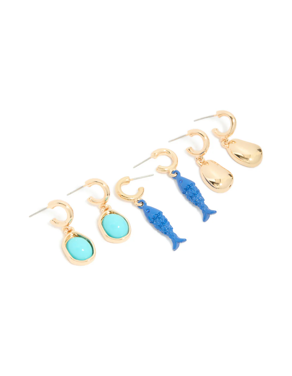 Gold Small Fish & Pebble Open Hoop Earrings 3-Pack - Image 2