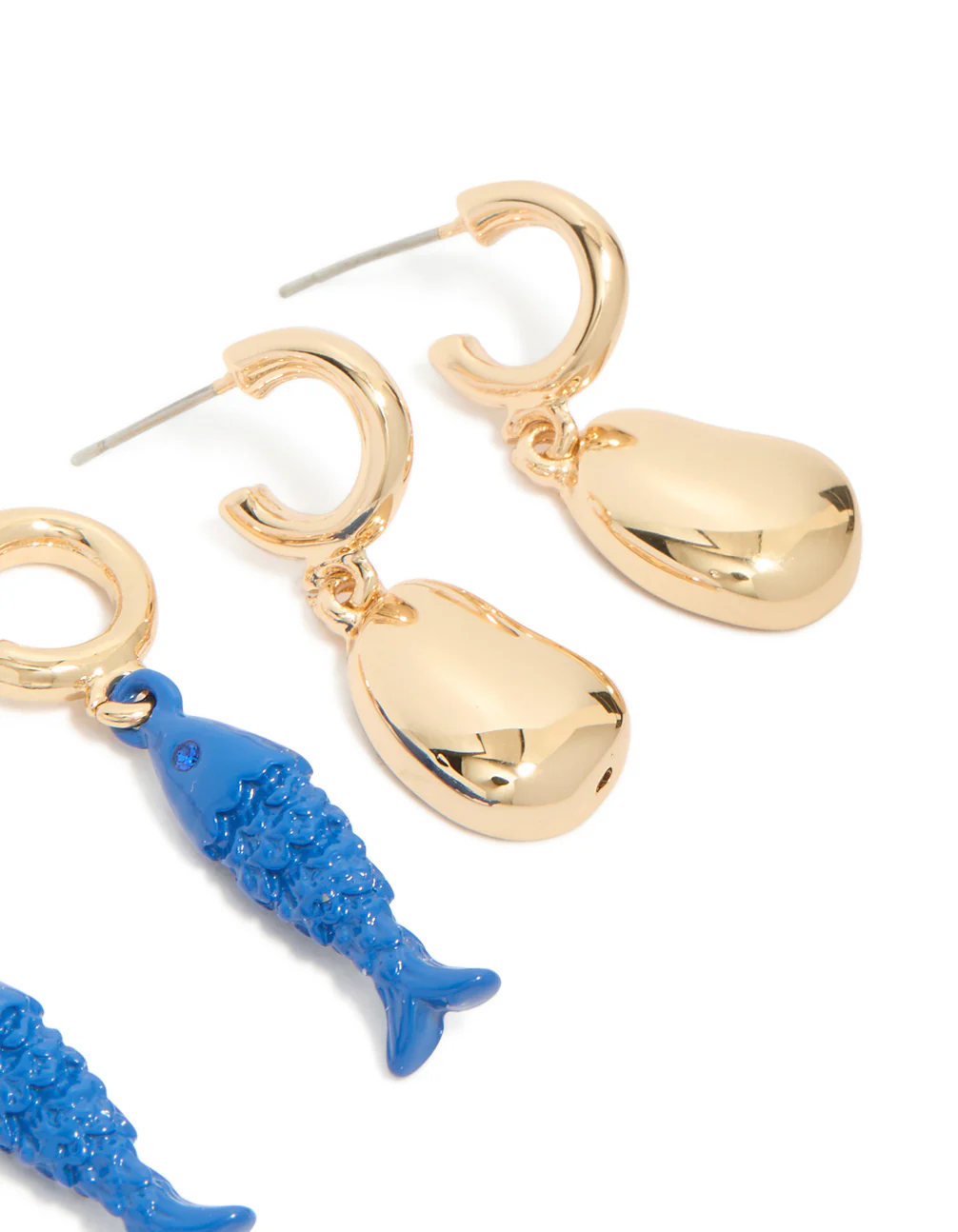 Gold Small Fish & Pebble Open Hoop Earrings 3-Pack - Image 5
