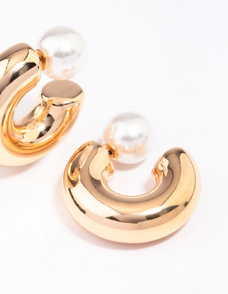 Gold Smooth Pearl C-Shaped Hoop Earrings - Image 2