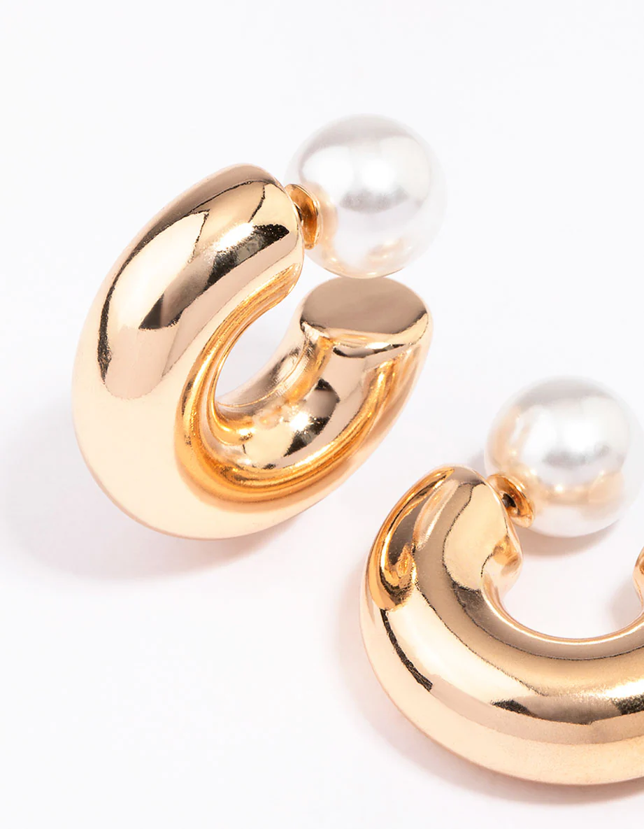 Gold Smooth Pearl C-Shaped Hoop Earrings - Image 3