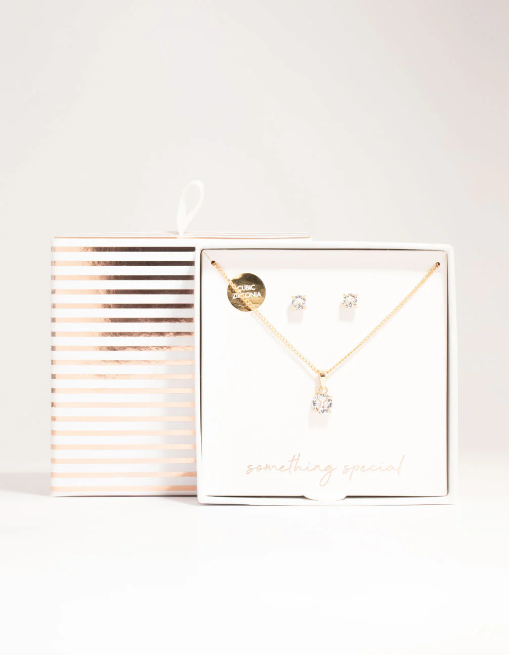Gold Cubic Zirconia Solitaire Necklace & Stud Earrings Set - Image 3
