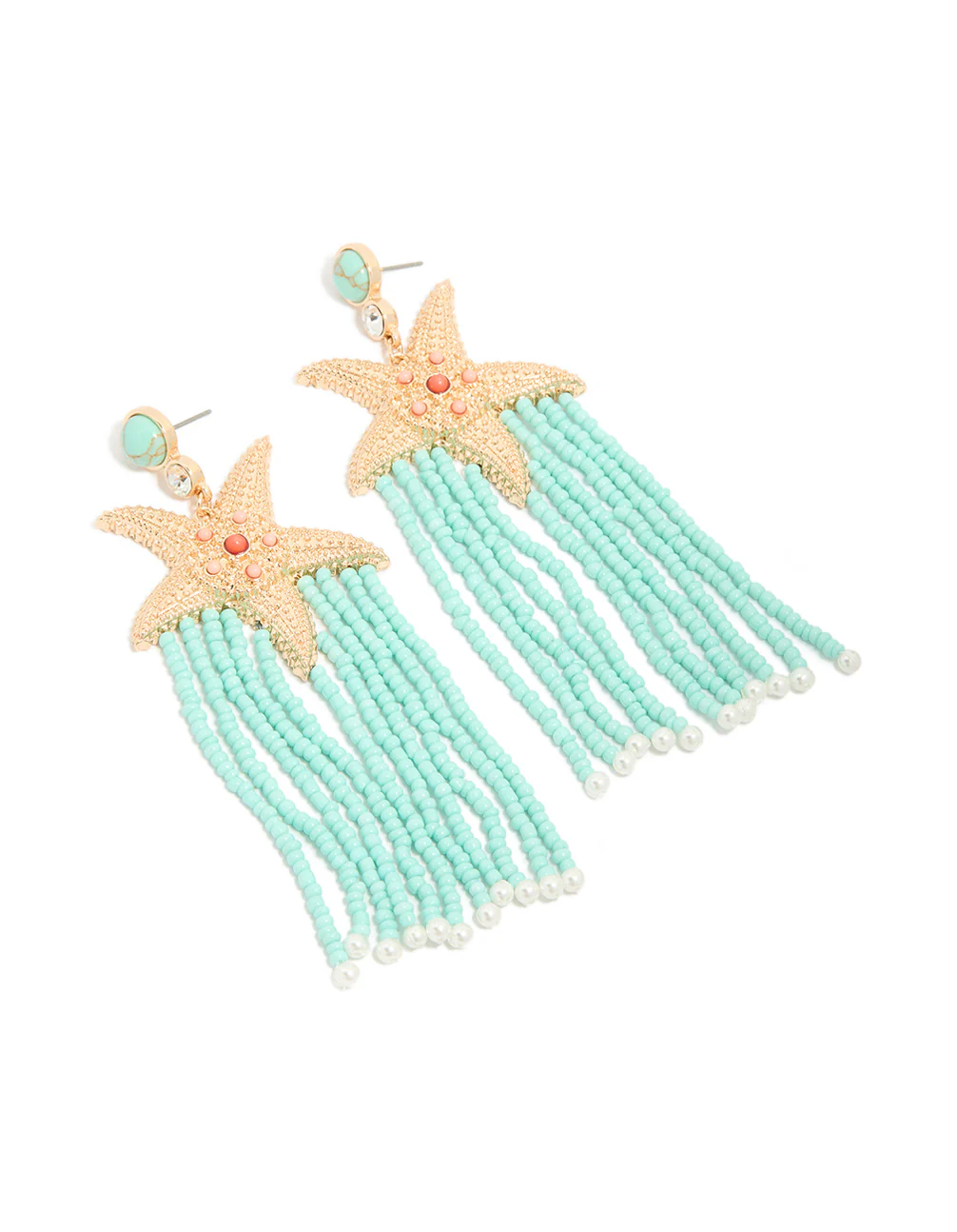 Gold Starfish & Turquoise Beaded Drop Earrings - Image 2