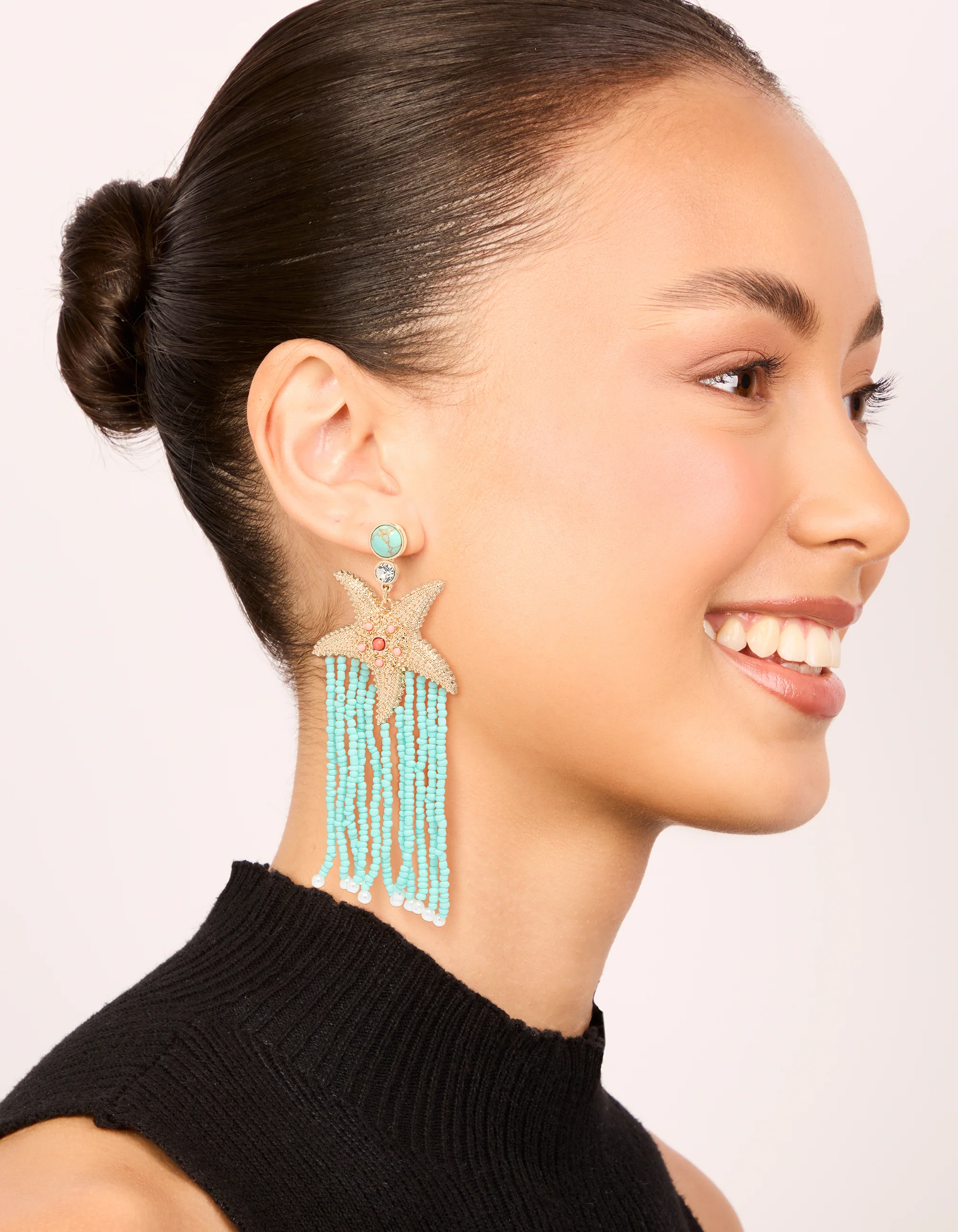 Gold Starfish & Turquoise Beaded Drop Earrings - Image 3