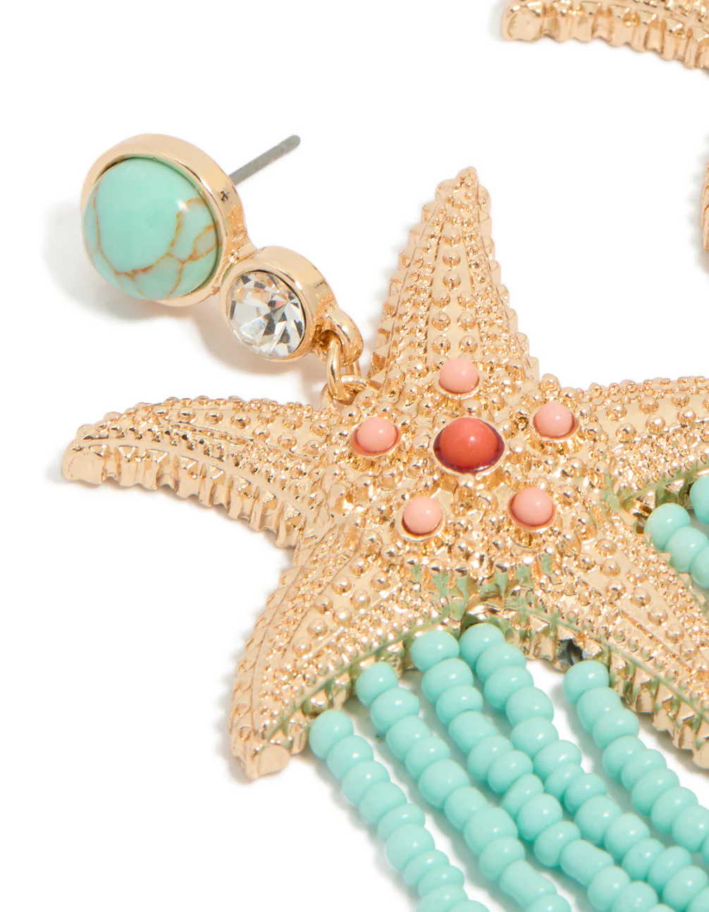 Gold Starfish & Turquoise Beaded Drop Earrings - Image 4