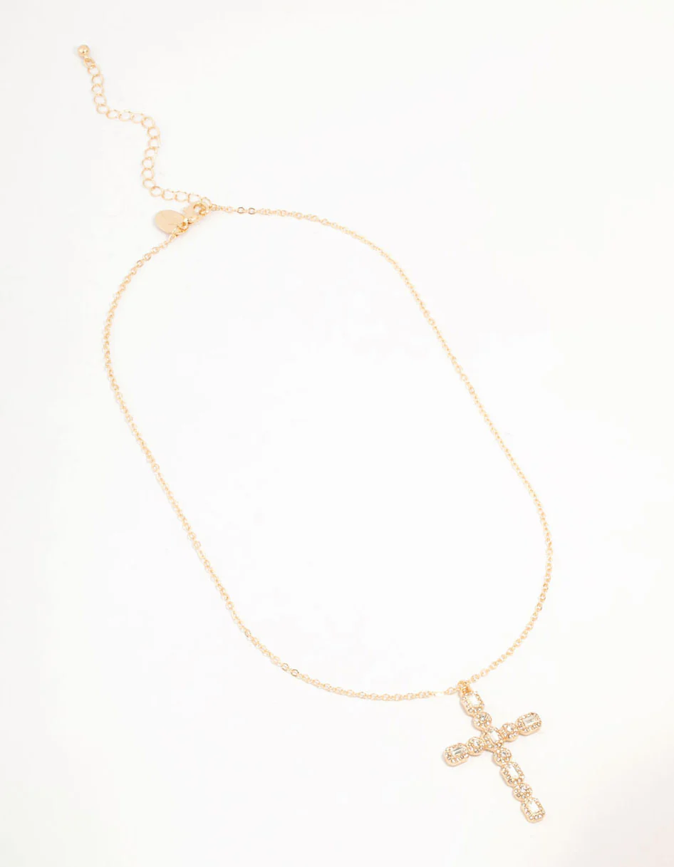 Gold Statement Diamante Cross Necklace - Image 2