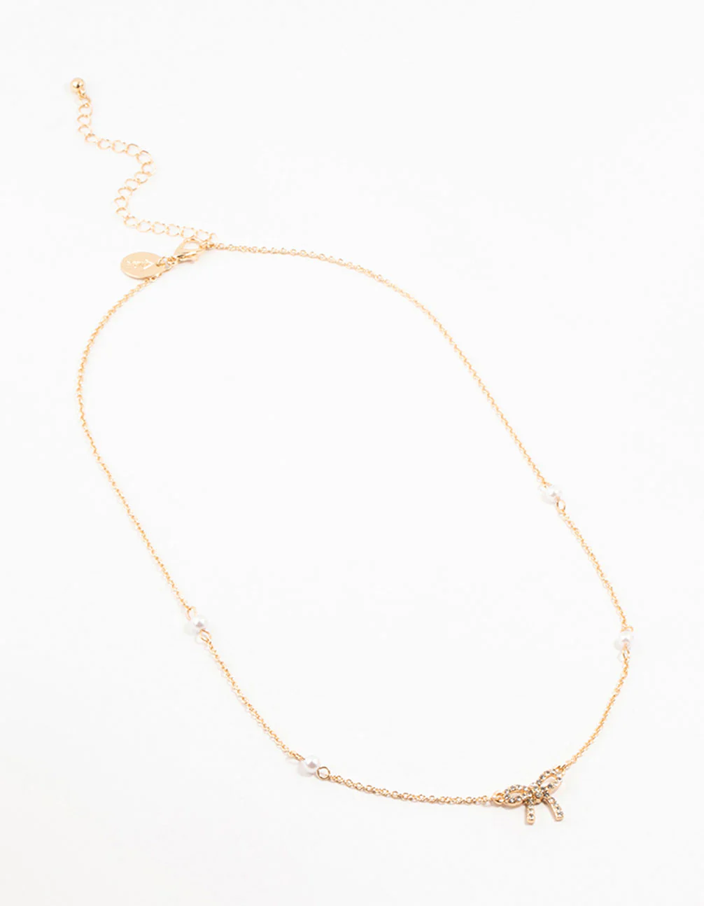 Gold Plated Station Pearl Diamante Bow Pendant Necklace - Image 4