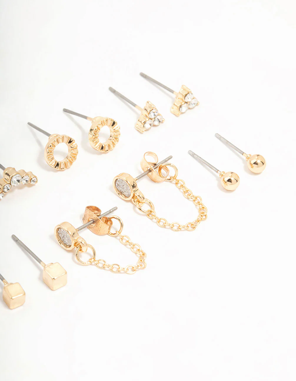 Gold Stud & Chain Diamante Earrings 8-Pack - Image 3