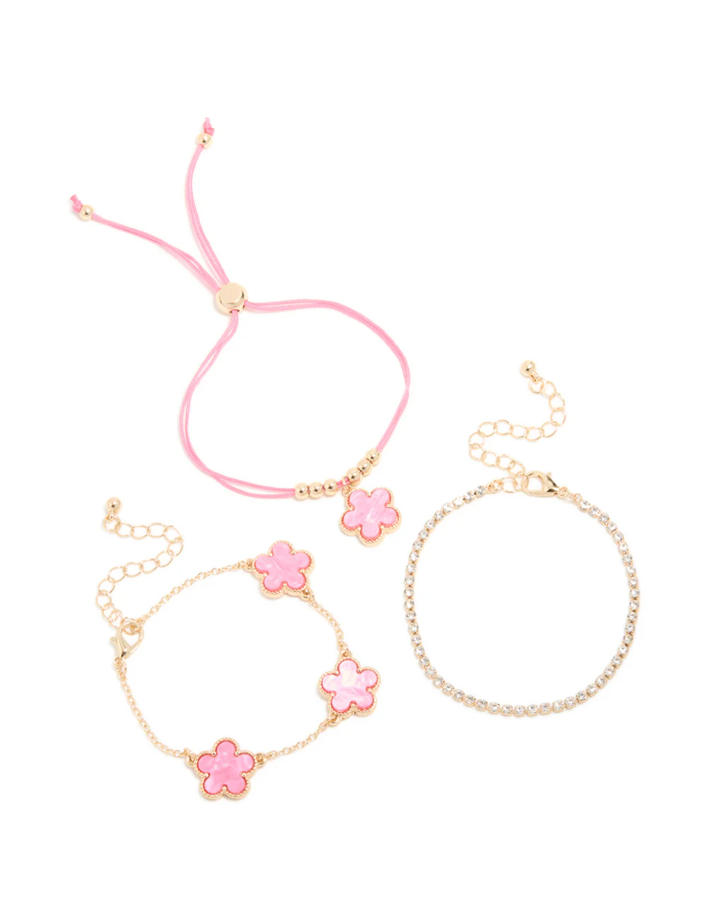 Gold Tennis & Pink Cord Flower Bracelets 3-Pack - Image 2