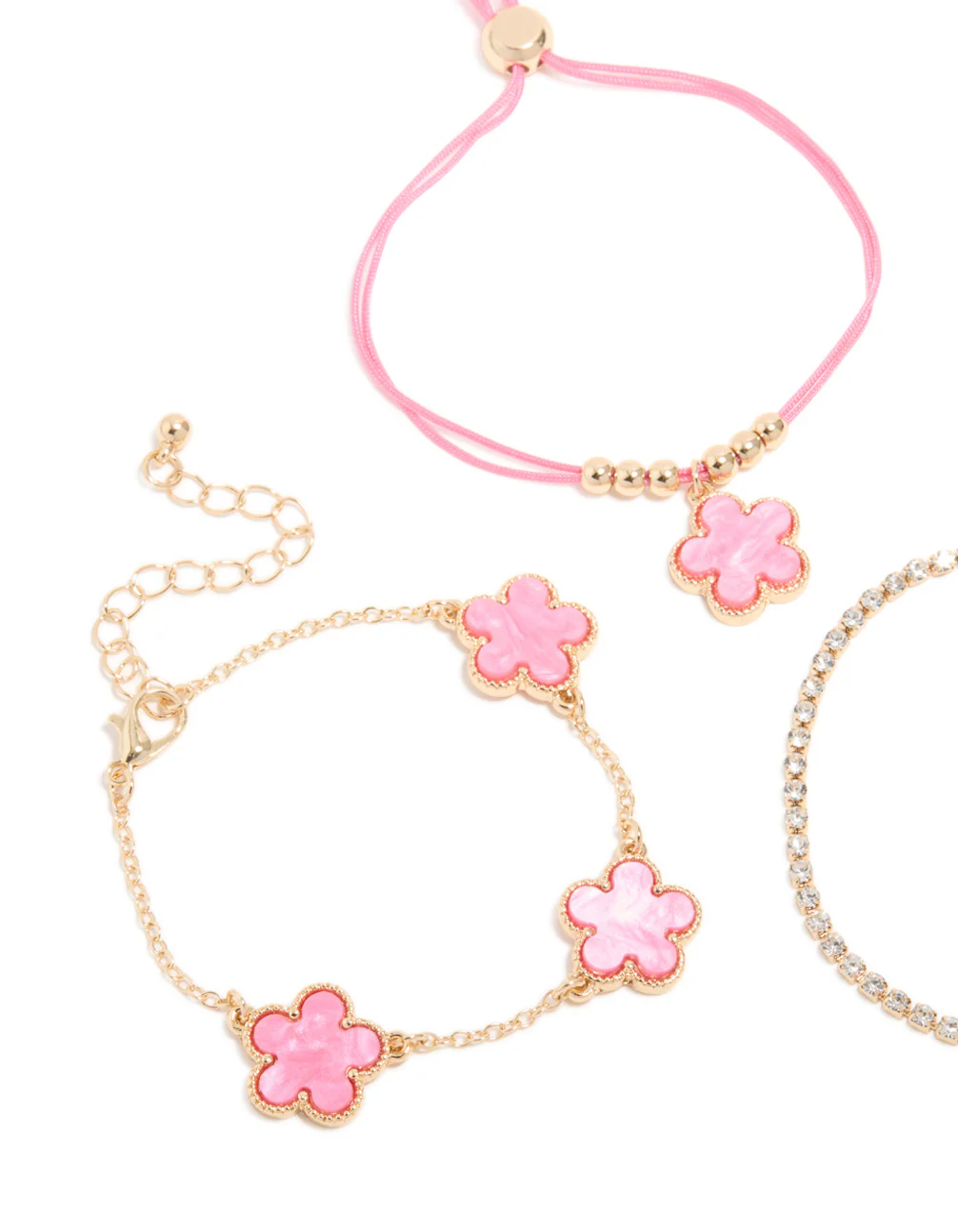 Gold Tennis & Pink Cord Flower Bracelets 3-Pack - Image 4