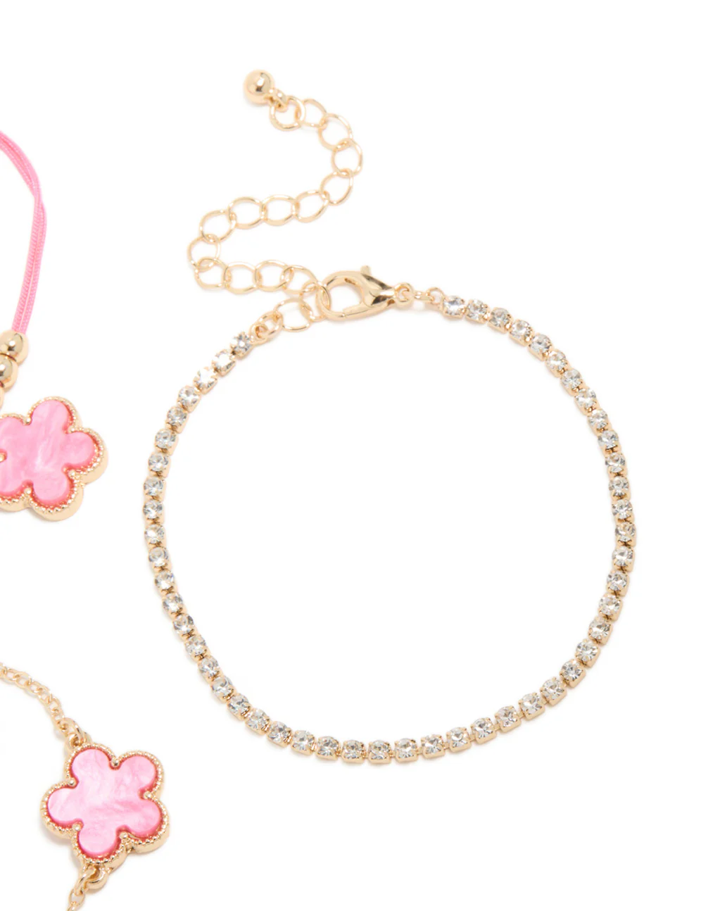 Gold Tennis & Pink Cord Flower Bracelets 3-Pack - Image 5