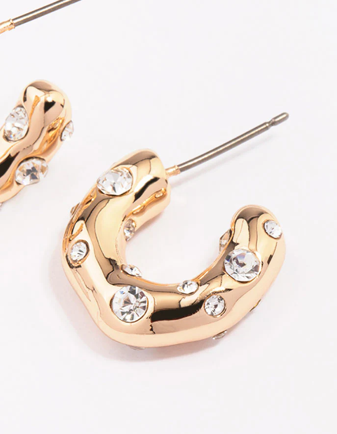 Gold Textured Diamante Hoop Earrings - Image 2
