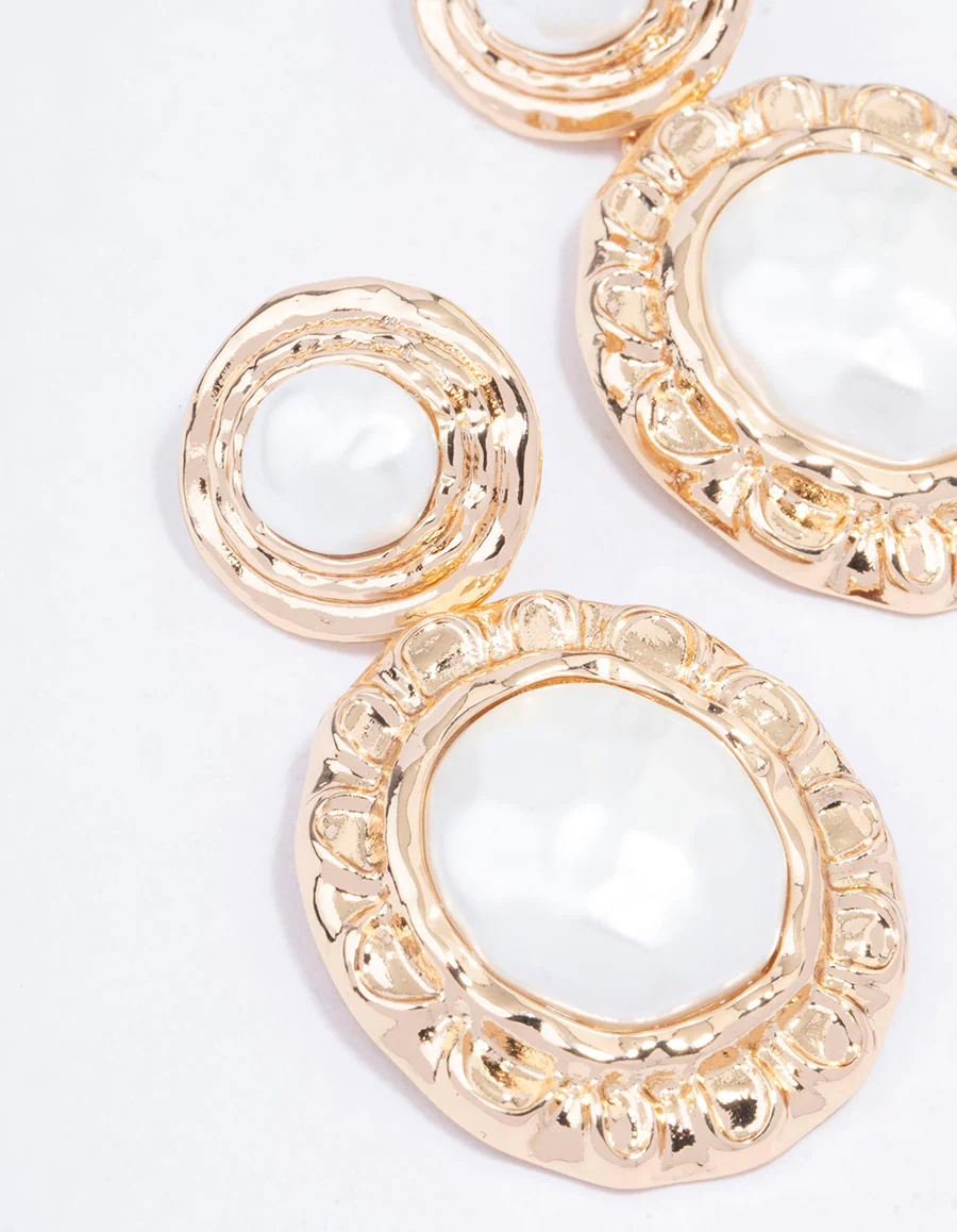Gold Textured Double Pearl Drop Earrings - Image 2