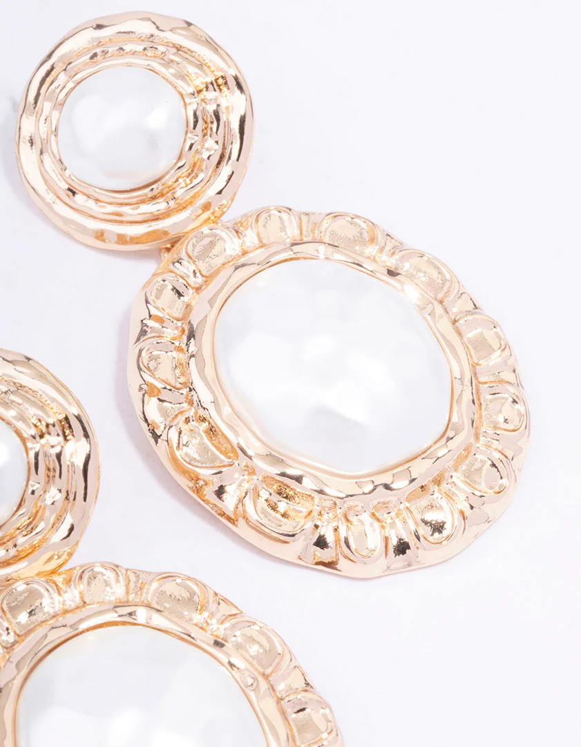 Gold Textured Double Pearl Drop Earrings - Image 3