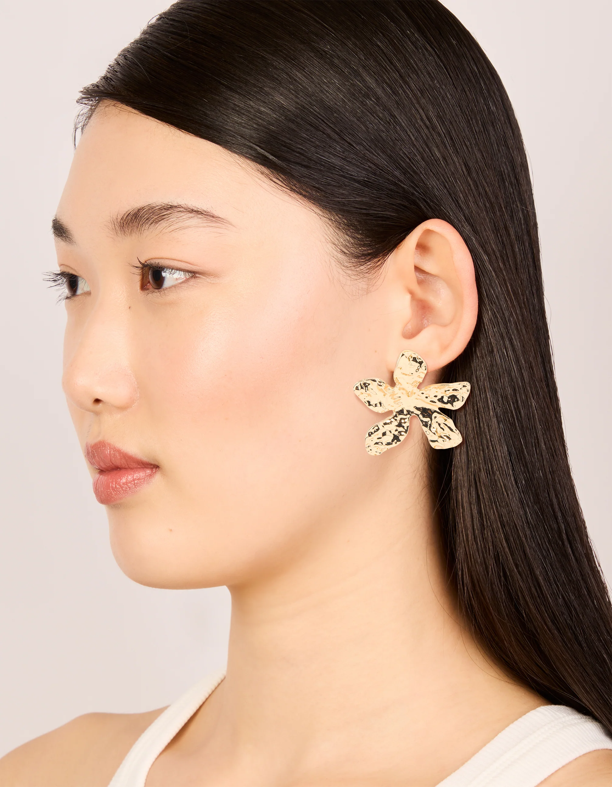 Gold Textured Flower Large Stud Earrings - Image 3